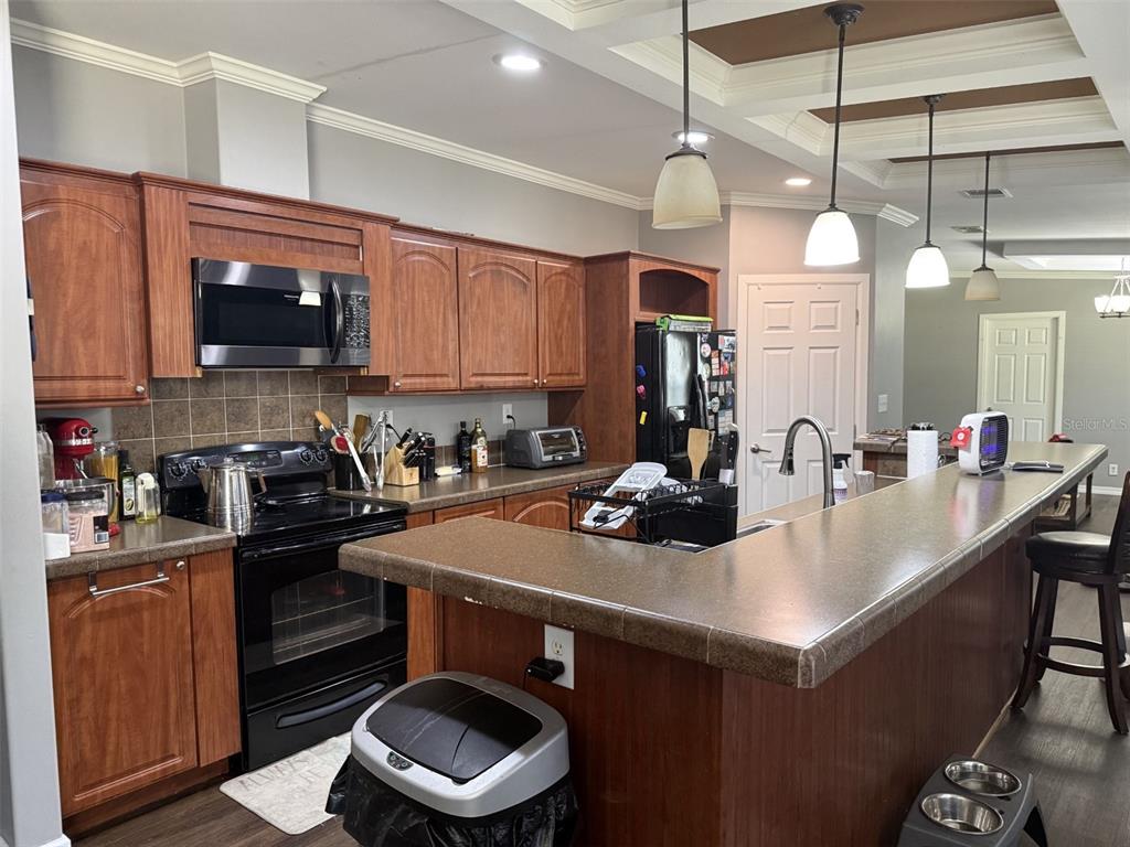 A kitchen features wood cabinets, dark countertops, black appliances, and a breakfast bar with stools — 12091 PINETREE LANE, BROOKSVILLE, FL