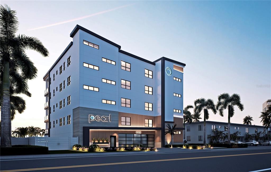 This is a digital rendering of a modern, multi-story apartment building with a palm tree — 10126 GULF BOULEVARD UNIT PH3, TREASURE ISLAND, FL