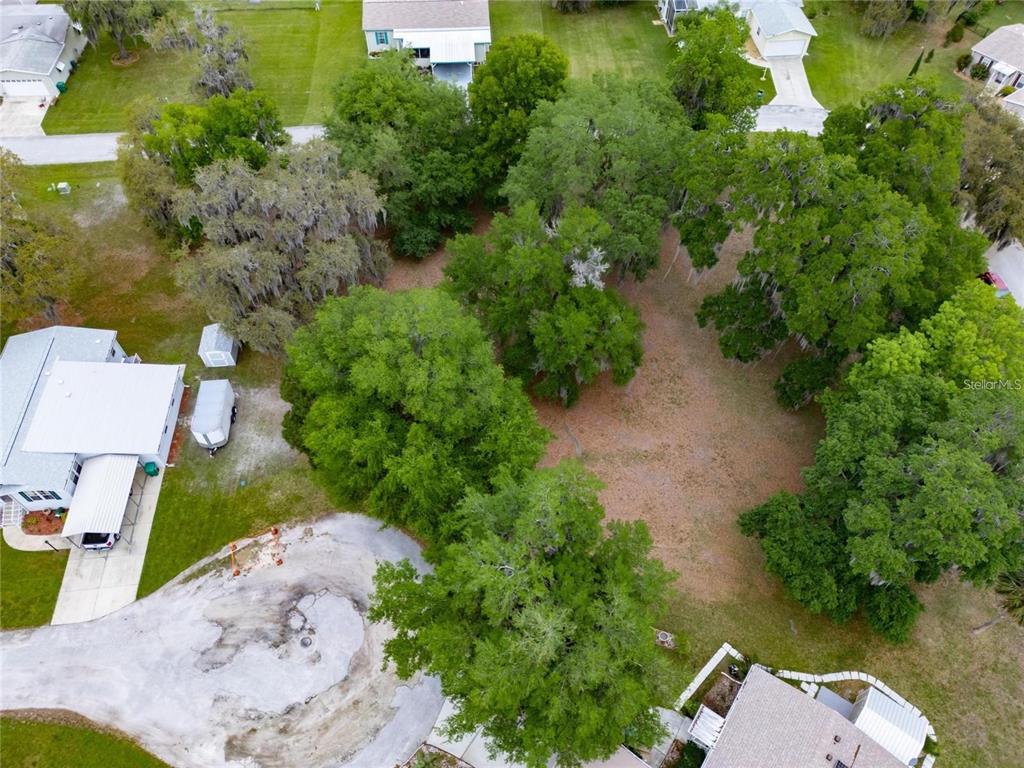 An aerial view shows a wooded residential lot surrounded by houses and a paved driveway — LOT 23 BLK D STRATFORD COURT, WILDWOOD, FL