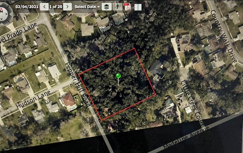 This is an aerial map view showing a wooded residential lot outlined in red — PEPPER HILL ROAD, PORT ORANGE, FL