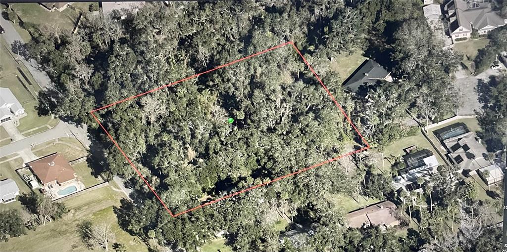 An aerial view shows a rectangular, tree-covered vacant lot outlined in red — PEPPER HILL ROAD, PORT ORANGE, FL