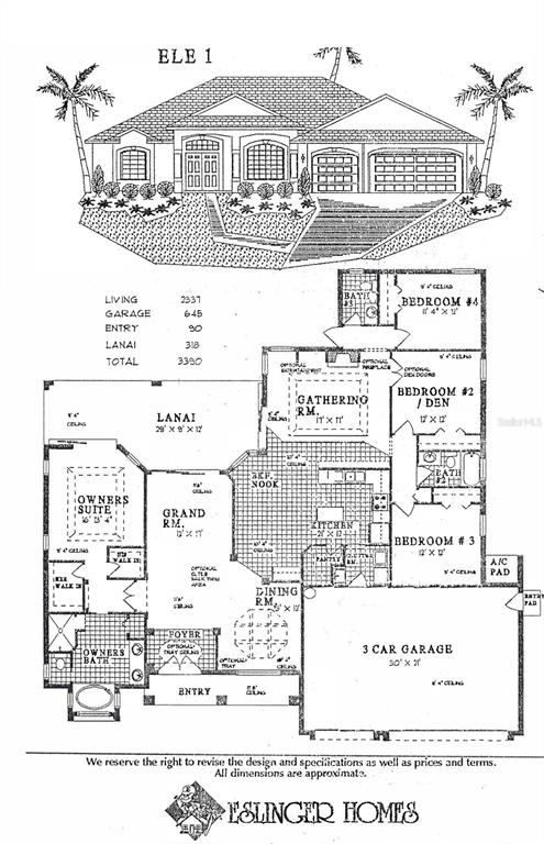 This floor plan and exterior rendering show a single-story home with a three-car garage — 5375 90TH AVENUE CIRCLE E, PARRISH, FL
