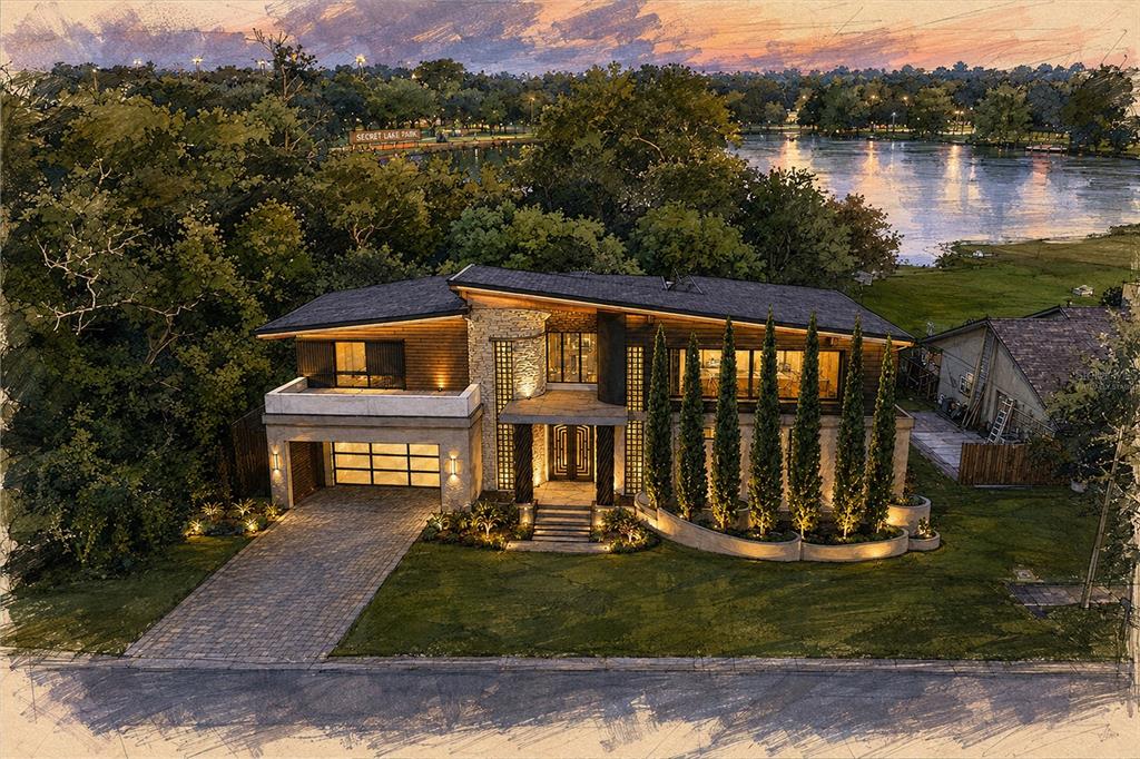 This is a digital rendering of a modern two-story house with stone accents at dusk — 233 SECRET WAY, CASSELBERRY, FL