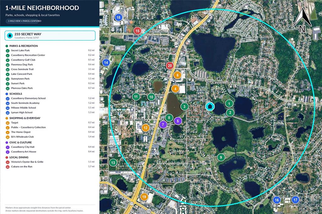 This is a map showing a one-mile radius around a property in Casselberry, Florida — 233 SECRET WAY, CASSELBERRY, FL