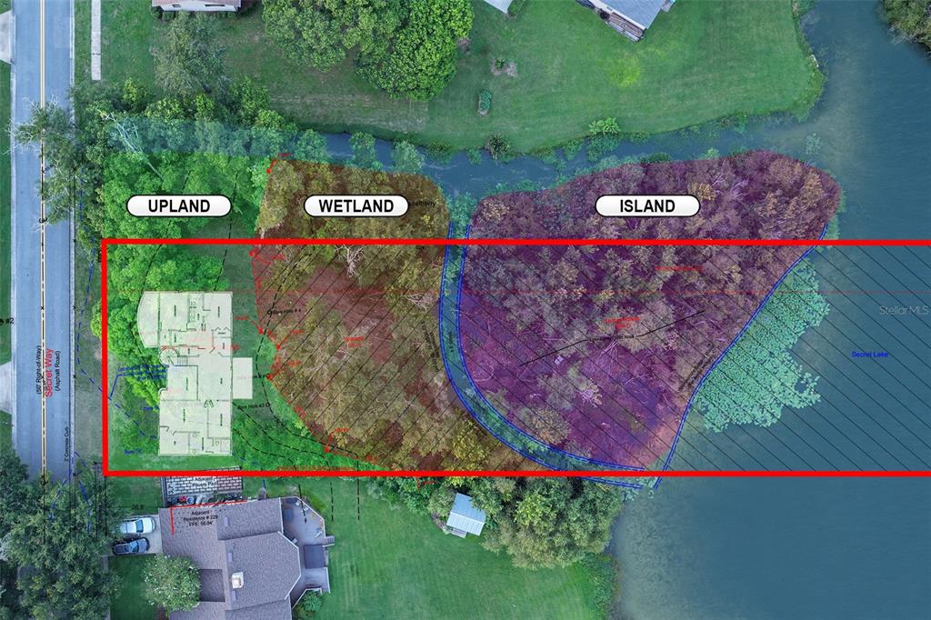 An aerial map shows a property layout with designated upland, wetland, and island zones — 233 SECRET WAY, CASSELBERRY, FL