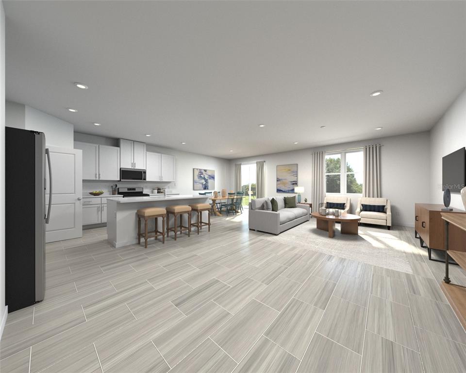 This is a digital rendering of an open-concept living room and kitchen with tile flooring — 1688 COOLRIDGE PLACE, ZEPHYRHILLS, FL