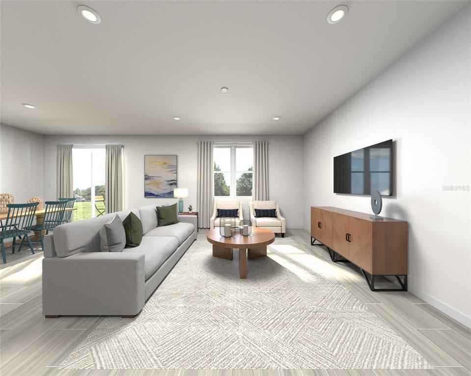 This rendering shows a living room with a gray sofa, wood media console, and rug — 1688 COOLRIDGE PLACE, ZEPHYRHILLS, FL