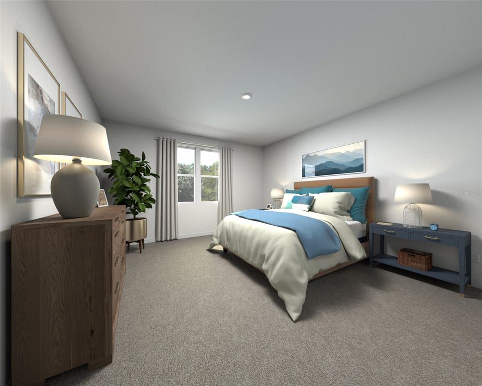 This is a digital rendering of a bedroom featuring a bed, dresser, and blue console table — 1688 COOLRIDGE PLACE, ZEPHYRHILLS, FL