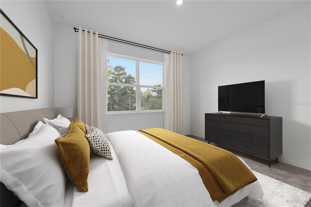This is a bedroom rendering featuring a bed, a dresser with a television, and a window — 5828 CLIFFBOW LOOP, LEESBURG, FL