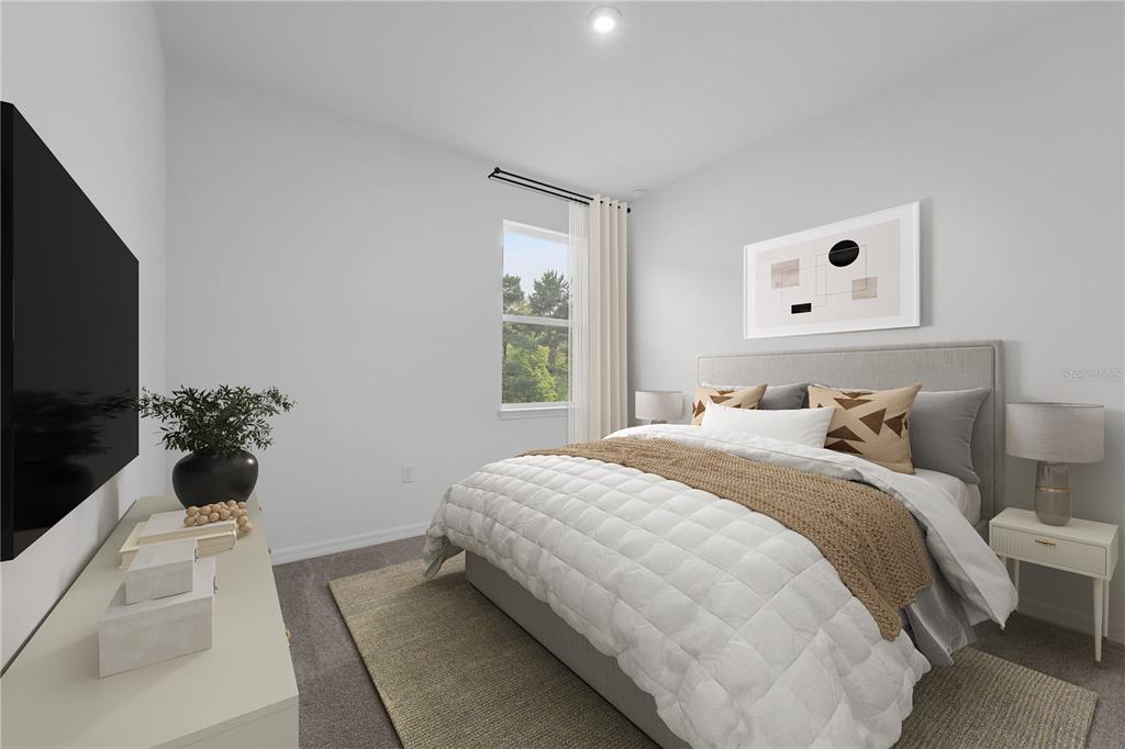 This is a digital rendering of a bedroom featuring a bed, television, and window — 5828 CLIFFBOW LOOP, LEESBURG, FL