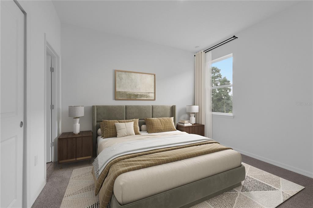 This is a digital rendering of a bedroom featuring a bed, nightstands, and a window — 5828 CLIFFBOW LOOP, LEESBURG, FL