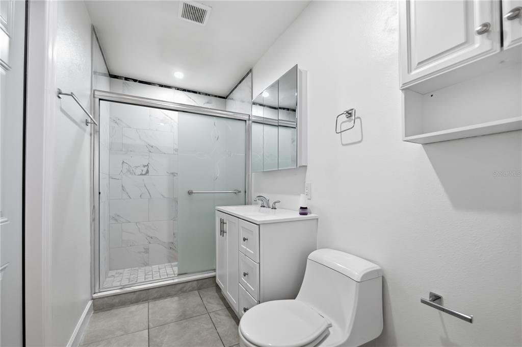 A small bathroom features a walk-in shower, a white vanity, and a toilet on tile flooring — 1514 BURNING TREE LANE, BRANDON, FL