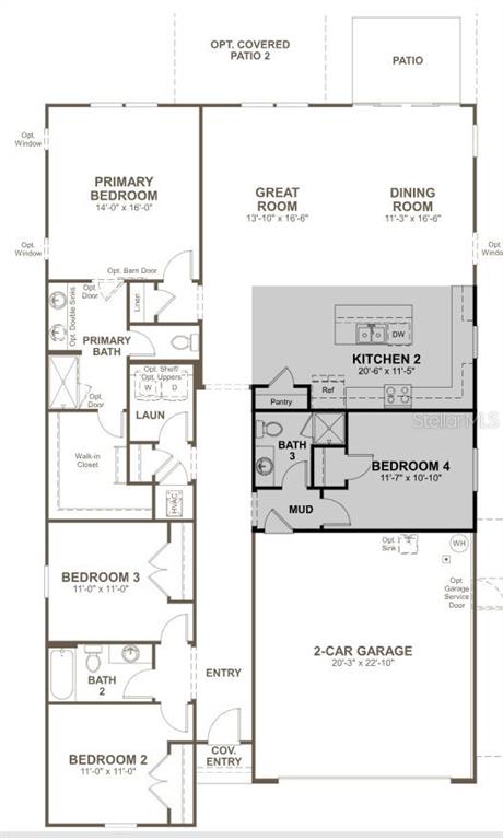 This floor plan shows a four-bedroom, three-bathroom home with a two-car garage and open layout — 55 PONCE PRESERVE DRIVE, PALM COAST, FL