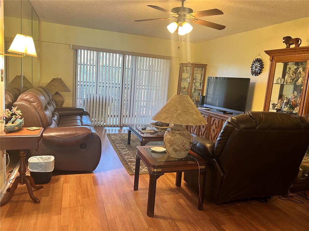 A living room features brown leather furniture, wood flooring, a ceiling fan, and a television — 9433 HARBOR GREENS WAY UNIT 404, SEMINOLE, FL