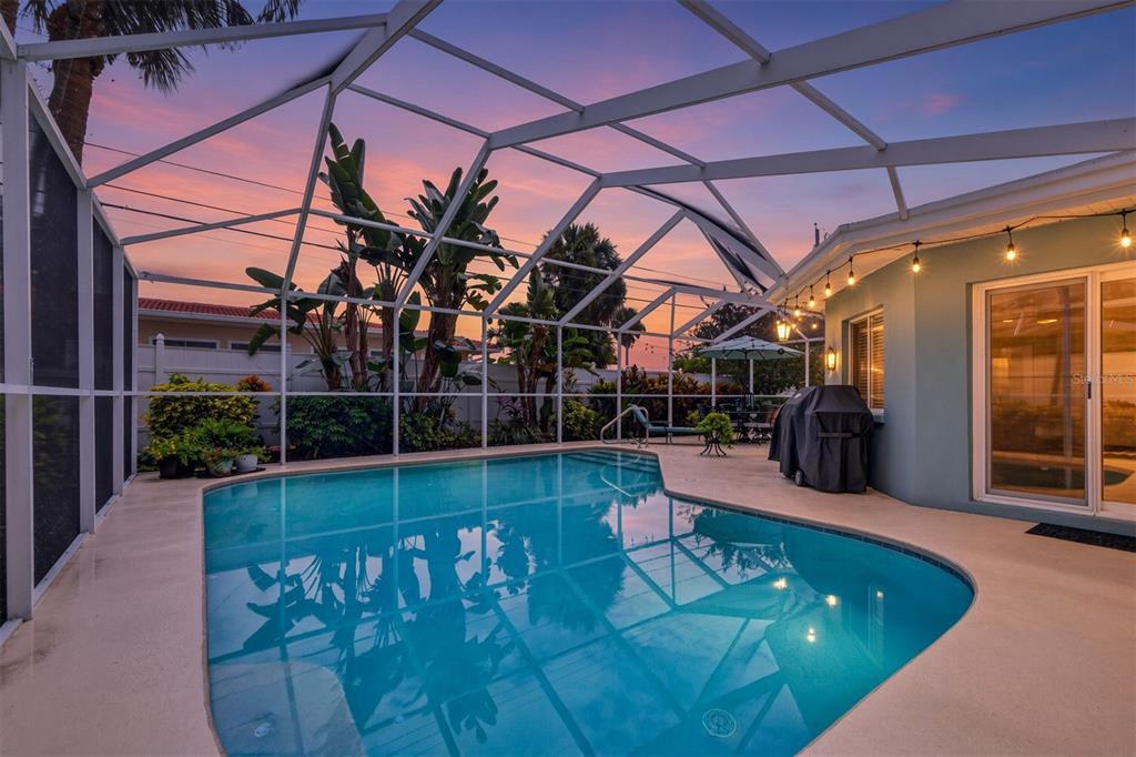 A swimming pool enclosed by a screened lanai at sunset with a patio and landscaping — 9795 PORTSIDE DRIVE, SEMINOLE, FL