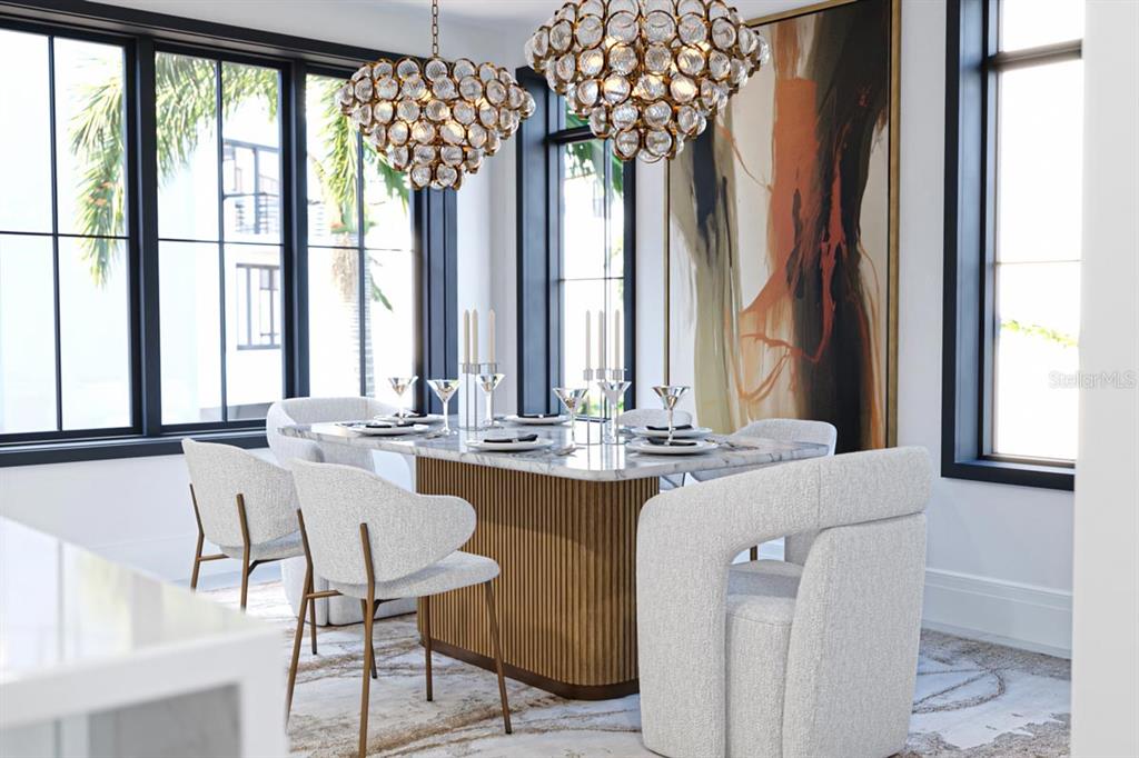 This rendering shows a modern dining room with a marble table, textured chairs, and chandeliers — 2360 OCEAN SHORE BOULEVARD UNIT 202, ORMOND BEACH, FL