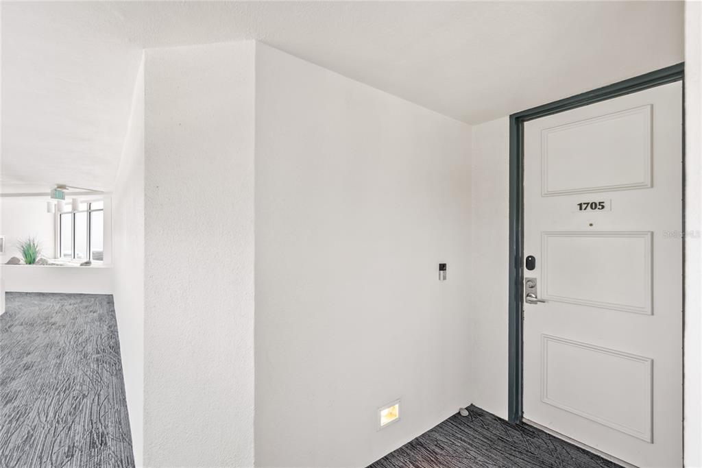 A white door labeled 1705 is set in a hallway with gray patterned carpeting — 888 BOULEVARD OF THE ARTS UNIT 1705, SARASOTA, FL