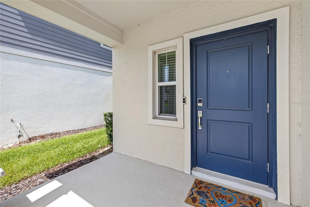 A blue front door with a side window sits on a concrete porch — 6002 BLISSFUL STREET, CLERMONT, FL