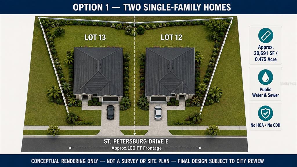 This rendering shows two single-family homes on adjacent lots along a street — ST PETERSBURG DRIVE, OLDSMAR, FL