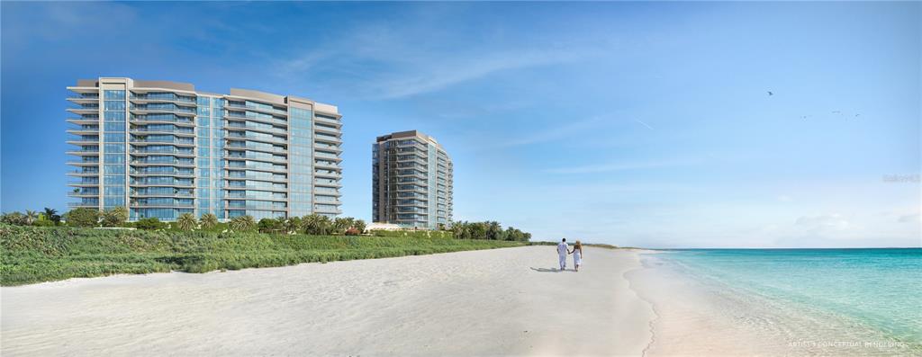 This is an artist's conceptual rendering of two modern beachfront high-rise buildings along a sandy shore — 197 AVENUE DE LA MER UNIT 801, PALM COAST, FL