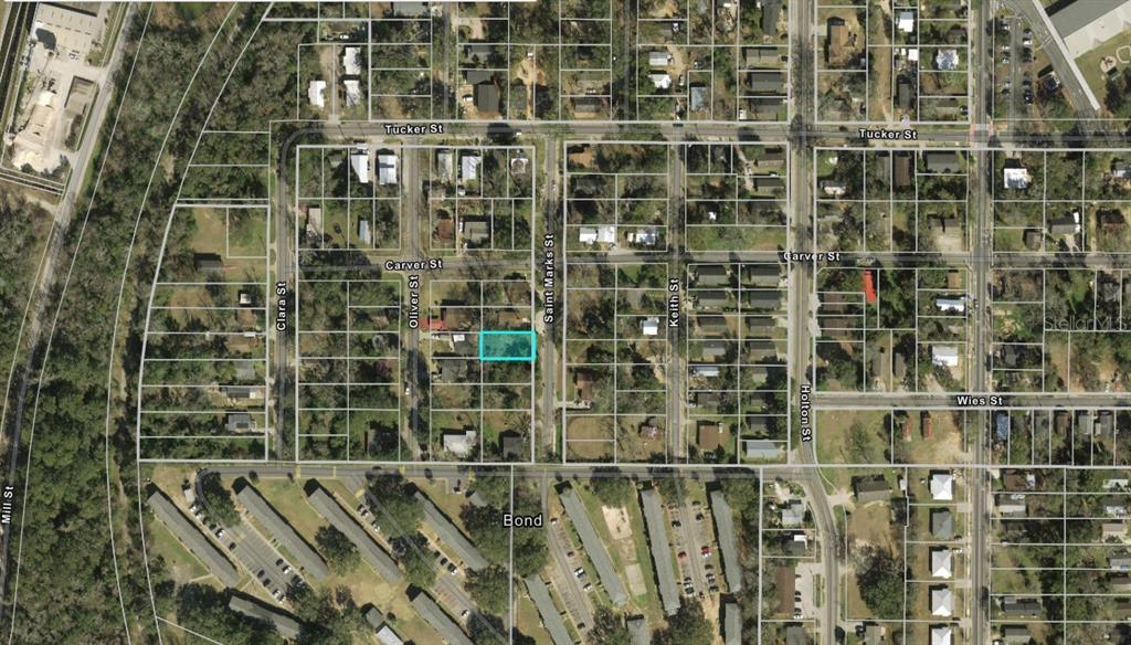 This is an aerial map showing a highlighted residential lot located between Oliver Street and Saint Marks Street — 2332 SAINT MARKS STREET, TALLAHASSEE, FL