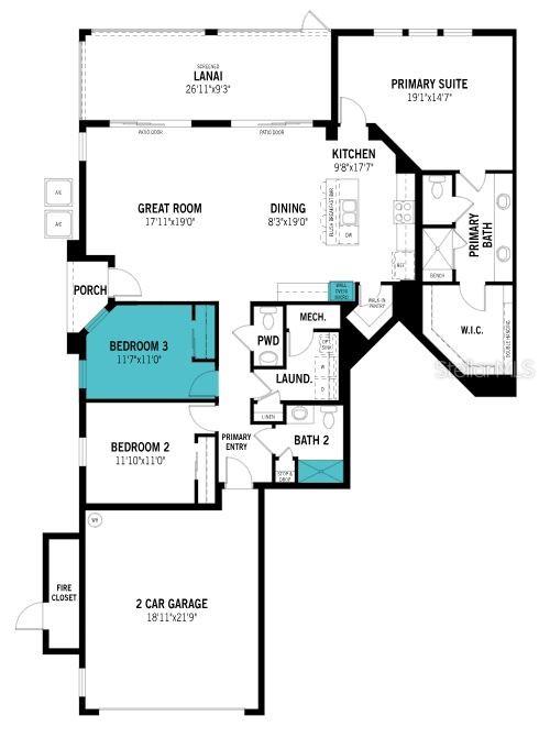 This is a floor plan of a single-story home featuring three bedrooms and a garage — 12766 JADE EMPRESS LOOP UNIT 101, VENICE, FL