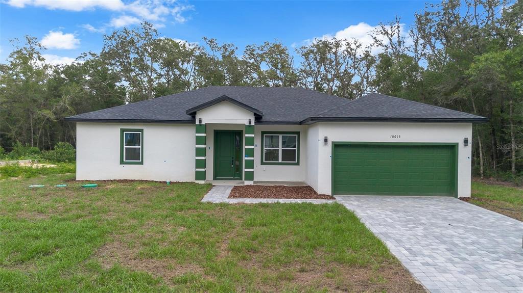 A single-story house with white stucco walls, a green garage door, and a dark roof — 10615 N DIDISCUS DRIVE, CITRUS SPRINGS, FL