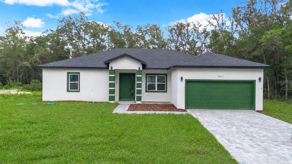 A single-story house with white stucco walls, a green garage door, and a paved driveway — 10615 N DIDISCUS DRIVE, CITRUS SPRINGS, FL