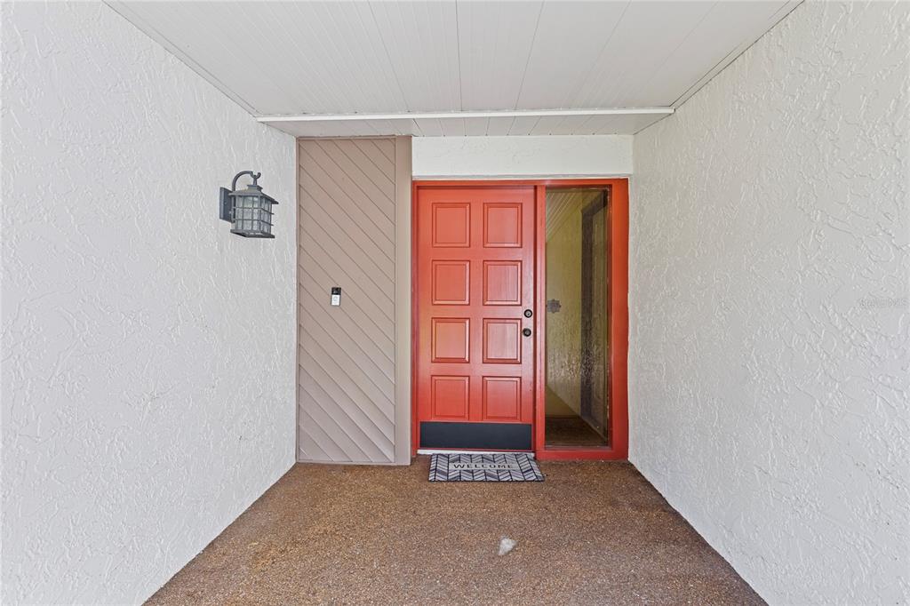 A covered entryway features a red front door with a side window and textured walls — 1105 LENNA AVENUE, SEFFNER, FL