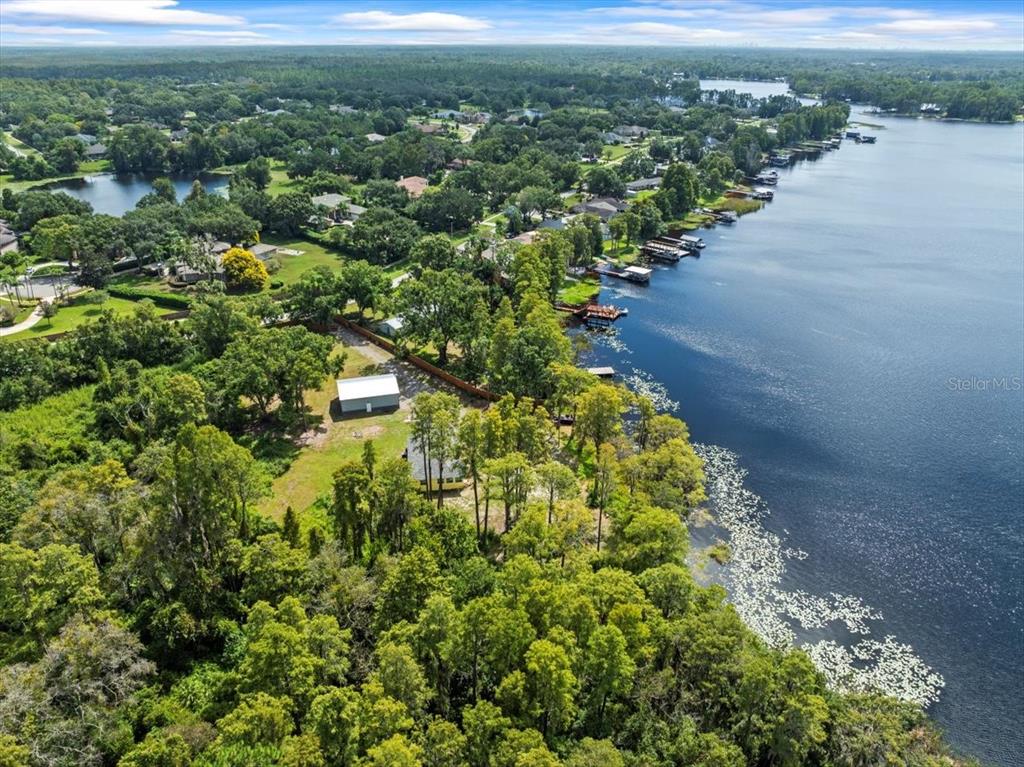 An aerial view shows a wooded property with a house and shed beside a lake — 17924 SIMMS ROAD, ODESSA, FL