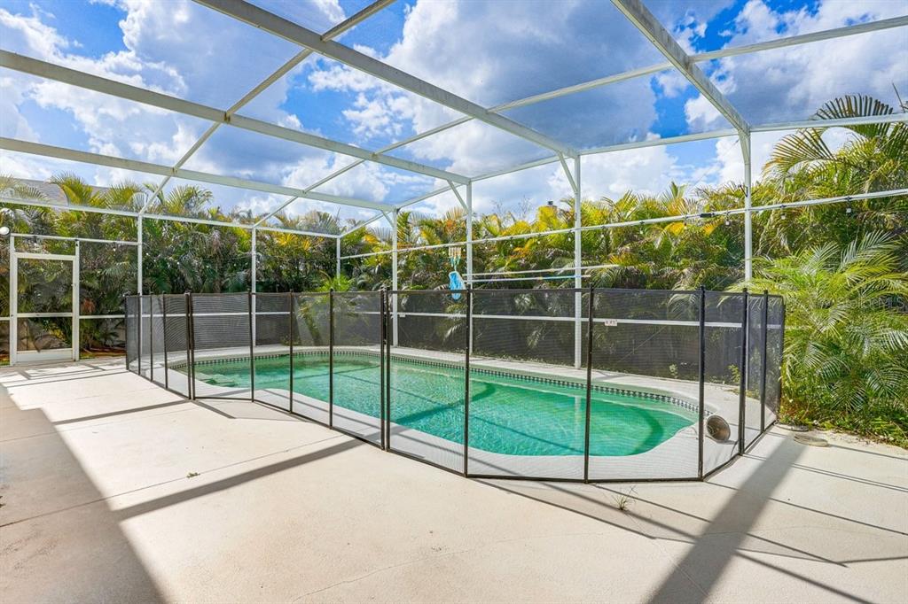 A swimming pool enclosed by a screen cage and a removable black safety fence — 418 RIGGS CIRCLE, DAVENPORT, FL