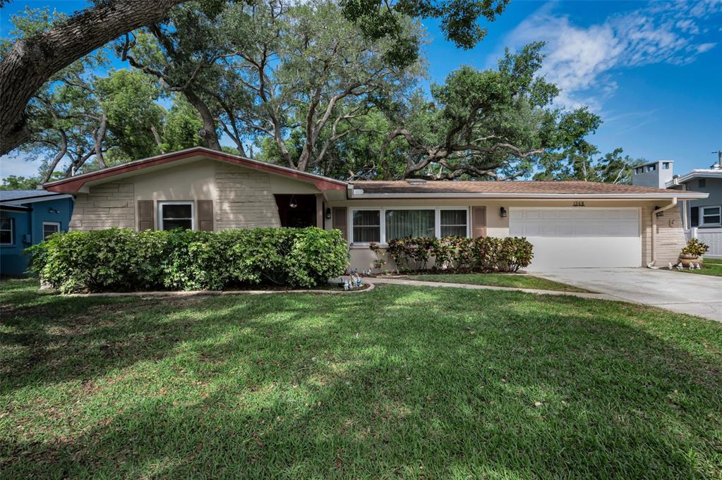 A single-story house with a white garage and a large tree in the front yard — 1368 WILLIAMS DRIVE, CLEARWATER, FL