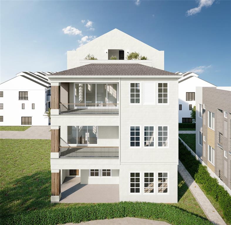 This is a rendering of the exterior of a three-story residential building with stacked balconies — 8517 KARRER TERRACE, ORLANDO, FL