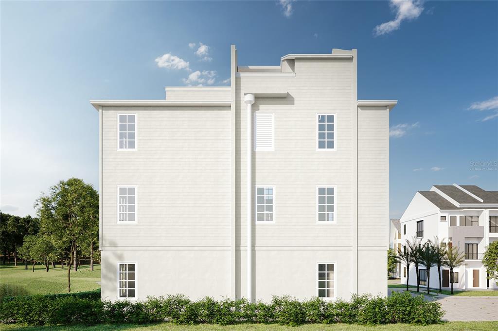This is a digital rendering of the side exterior of a three-story white residential building — 8517 KARRER TERRACE, ORLANDO, FL