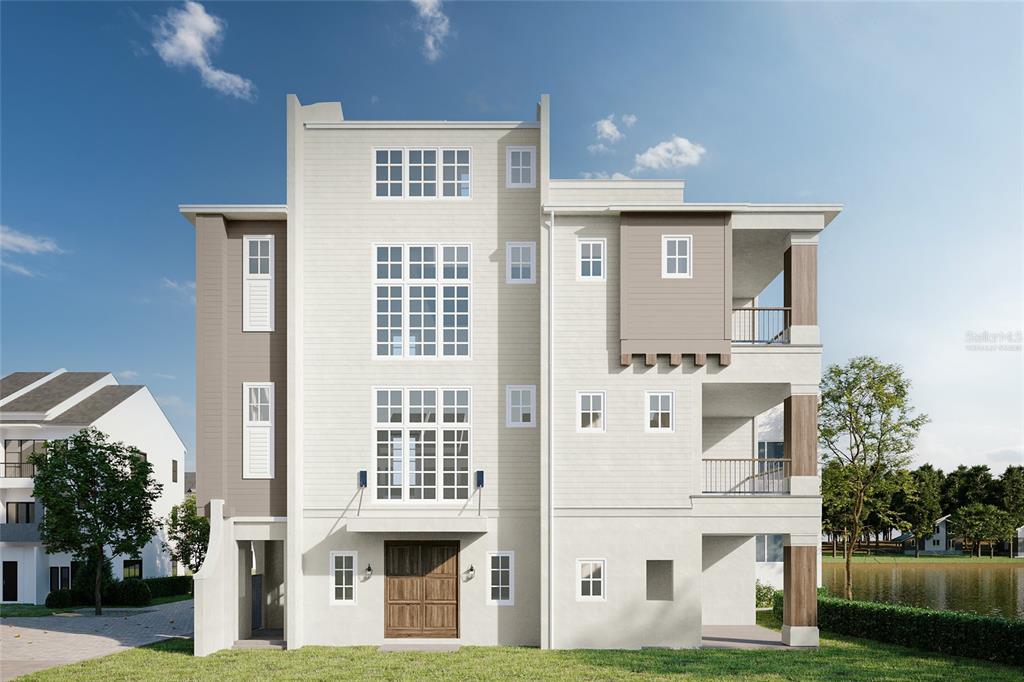 This is a digital rendering of the exterior of a modern three-story townhouse — 8517 KARRER TERRACE, ORLANDO, FL