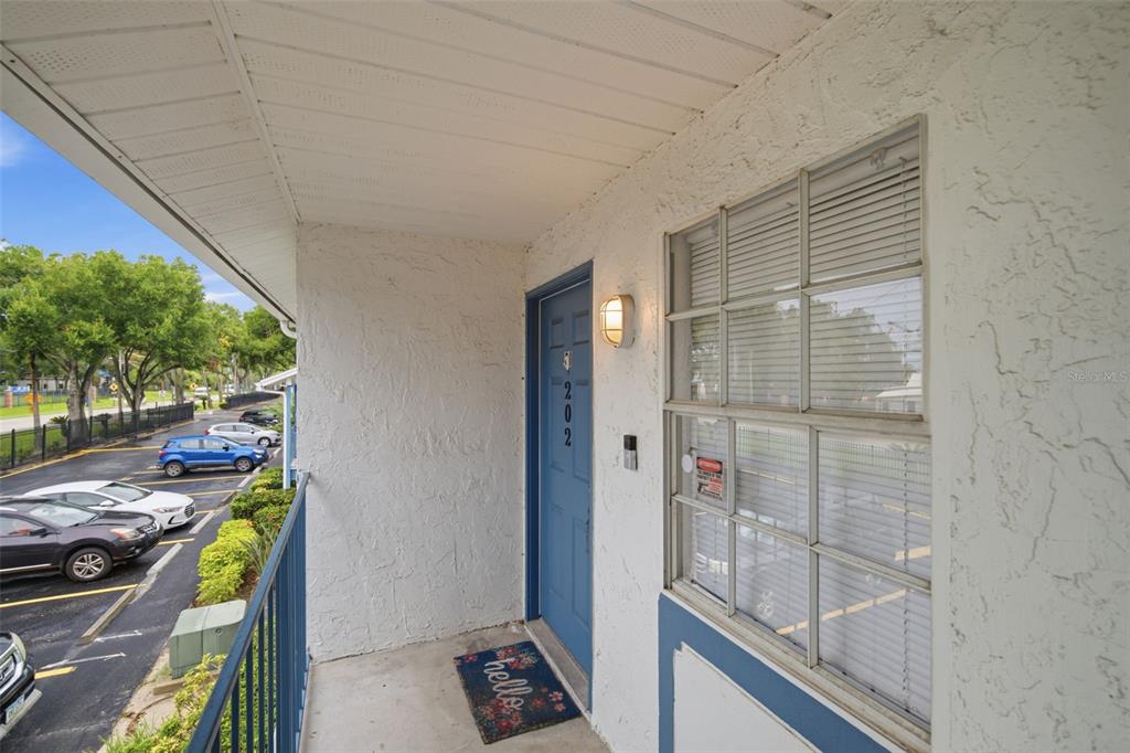 An exterior view of a second-story apartment balcony with a blue door and parking lot — 5005 BORDEAUX VILLAGE PLACE UNIT 202, TAMPA, FL