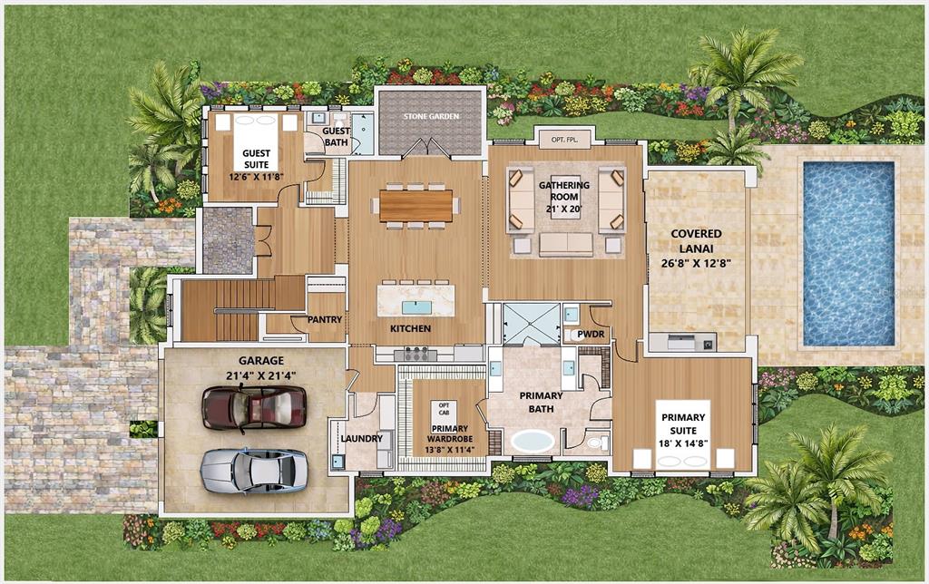 This floor plan shows a single-story home with a garage, kitchen, gathering room, and pool — 930 ENCLAVE PLACE, WINTER PARK, FL