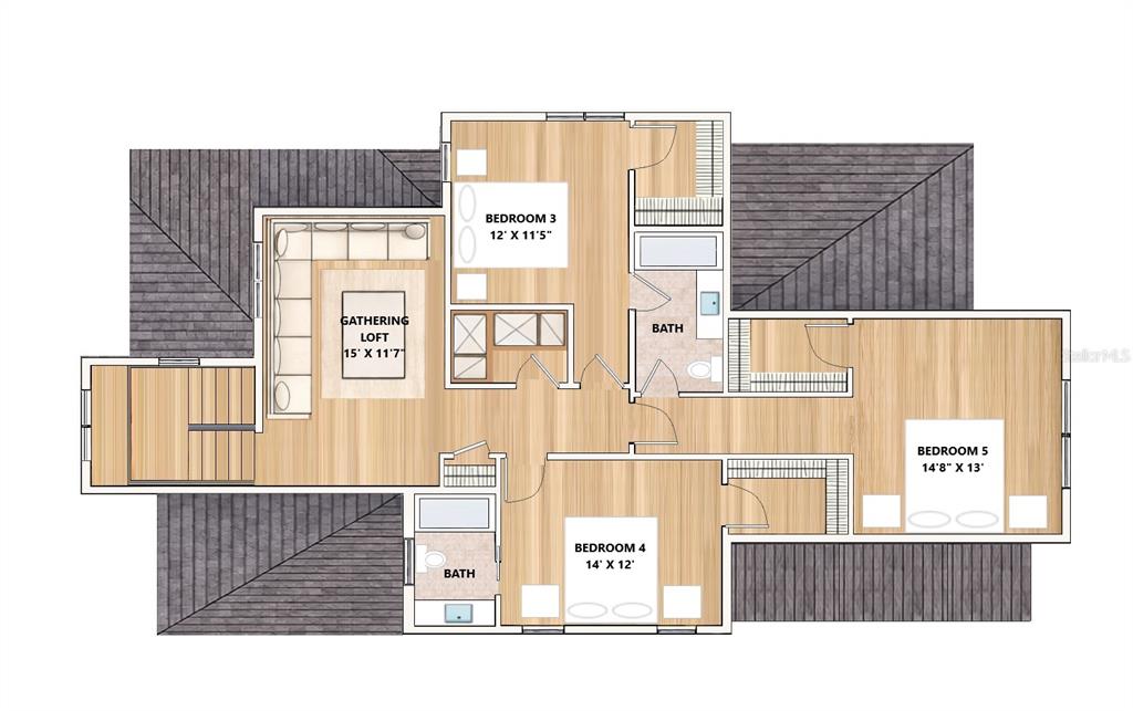 This floor plan shows the upper level of a house with three bedrooms and two bathrooms — 930 ENCLAVE PLACE, WINTER PARK, FL