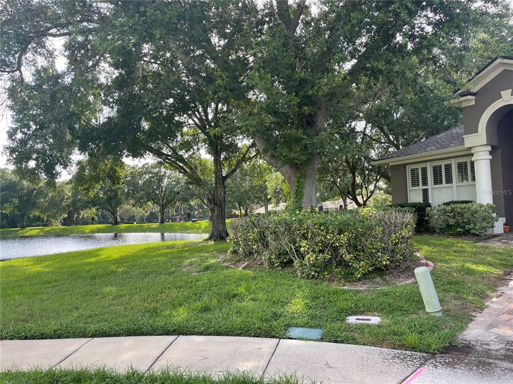 A grassy backyard features two large trees framing a view of a small pond — 133 REDTAIL PLACE, WINTER SPRINGS, FL
