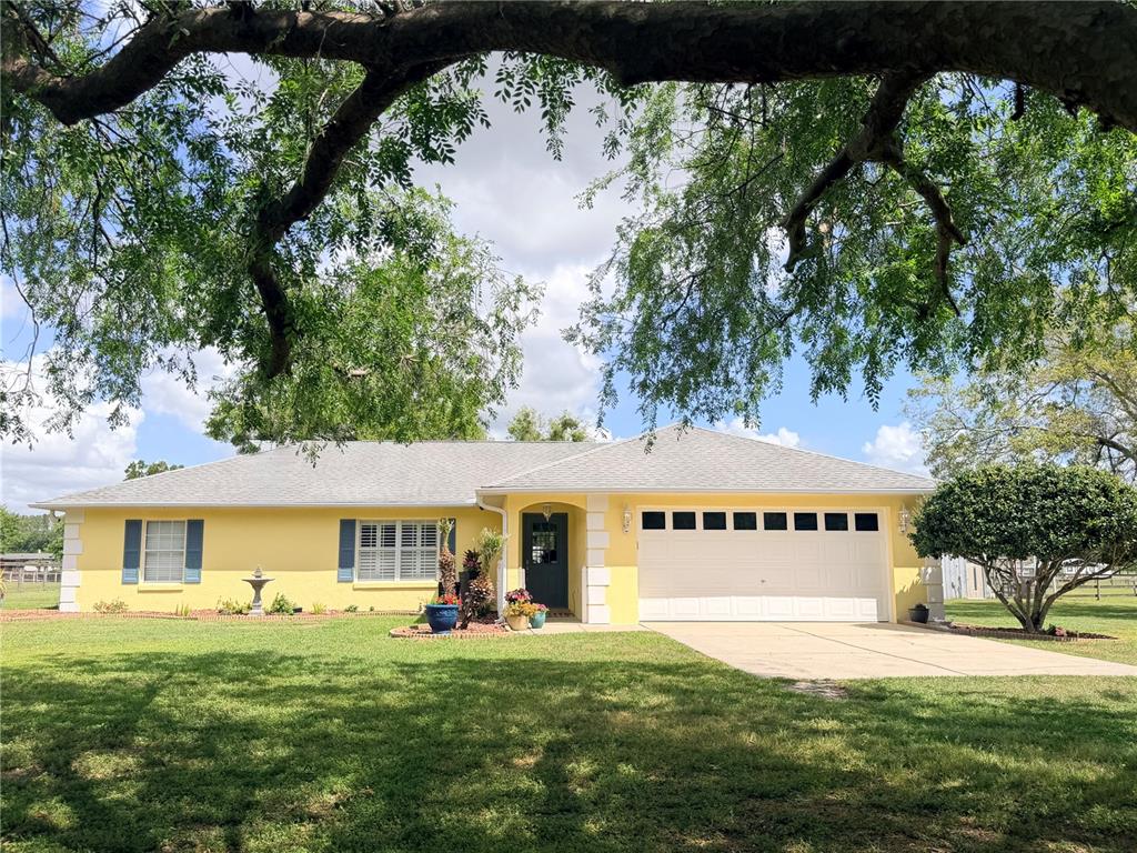 A yellow single-story house with a two-car garage sits behind a large tree — 331 SE HIGHWAY 42, SUMMERFIELD, FL