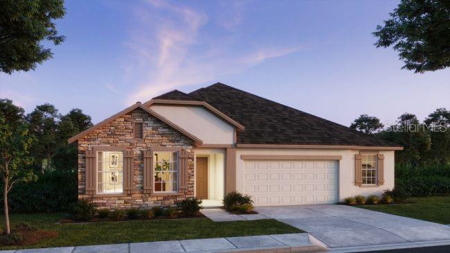 A digital rendering of a single-story suburban house with stone siding and a two-car garage — 15 CYLAMEN COURT, HOMOSASSA, FL
