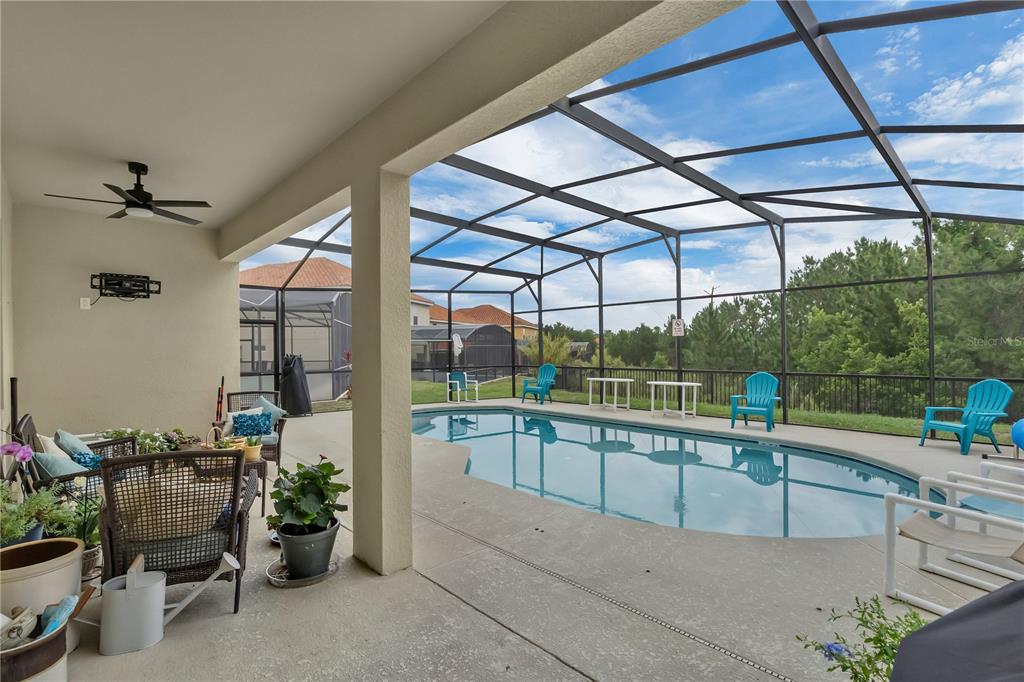 A covered patio overlooks a screened-in swimming pool with blue chairs and a wooded view — 391 CABELLO DRIVE, DAVENPORT, FL