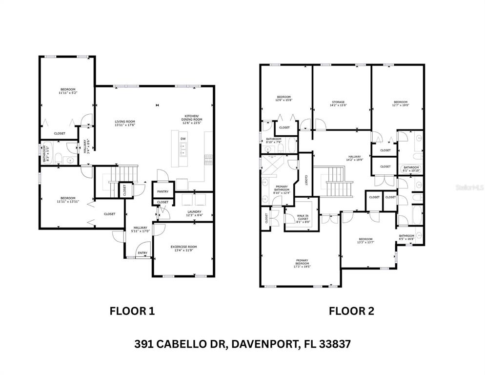 This is a two-story residential floor plan showing the layout of rooms and closets — 391 CABELLO DRIVE, DAVENPORT, FL