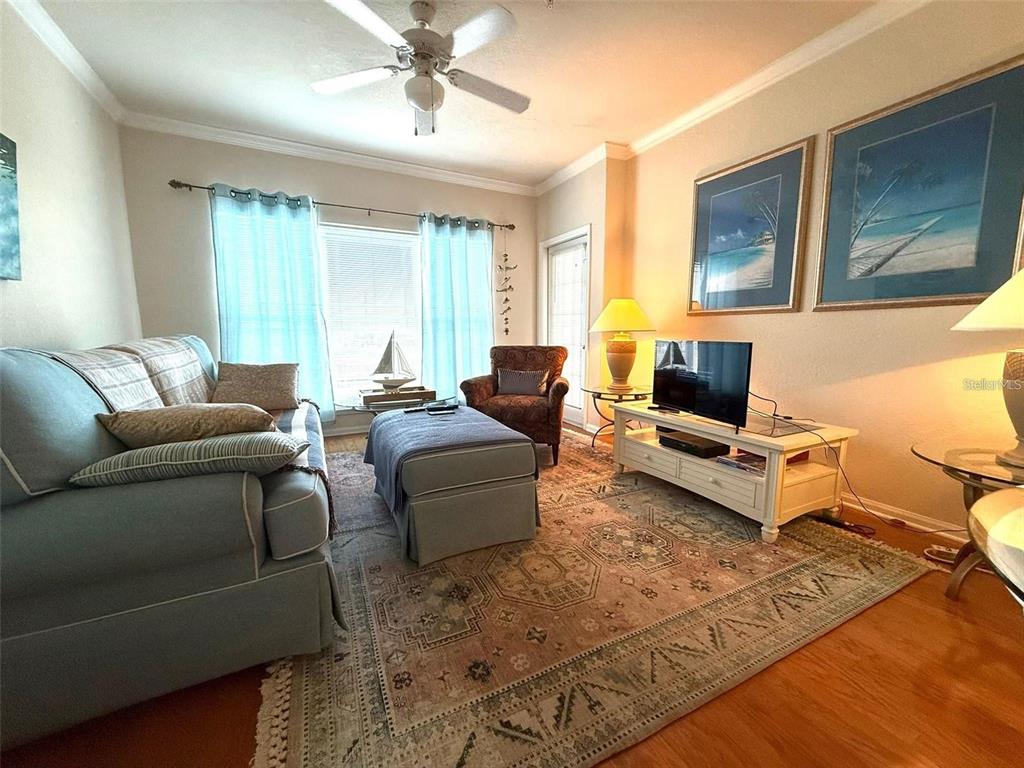 A living room features a blue sofa, an ottoman, a television, and a patterned area rug — 1216 S MISSOURI AVENUE UNIT 427, CLEARWATER, FL