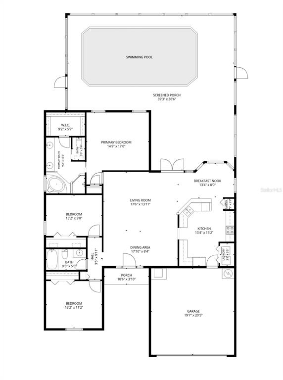 This is a floor plan of a house featuring three bedrooms, a pool, and a garage — 335 REGENCY STREET, DAVENPORT, FL