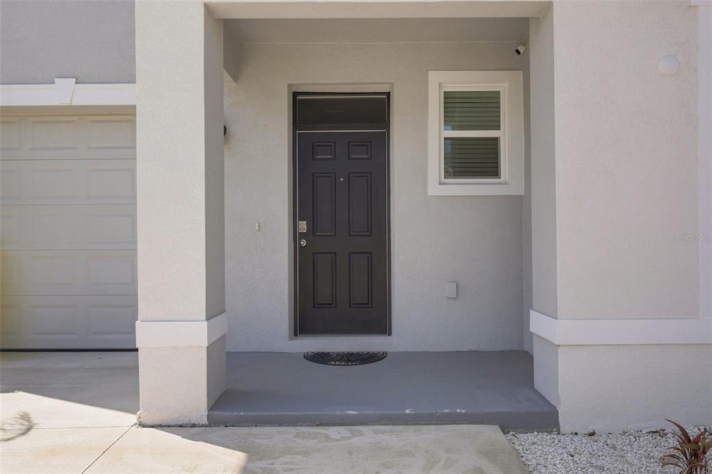A gray front door with a transom window sits under a covered entryway — 32898 PEZ LANDING LANE, WESLEY CHAPEL, FL