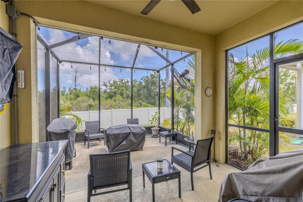 A screened-in patio features outdoor furniture, a covered grill, and a view of the yard — 3029 JACOB CROSSING LANE, HOLIDAY, FL