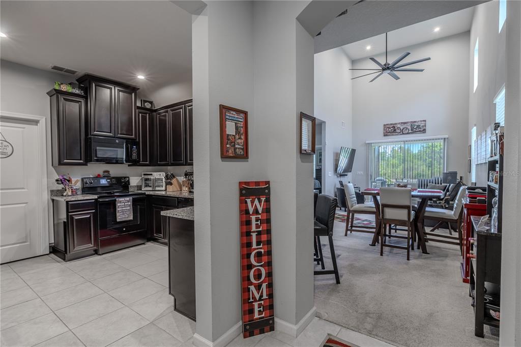 A kitchen with dark cabinets and granite countertops opens into a carpeted dining area — 3029 JACOB CROSSING LANE, HOLIDAY, FL