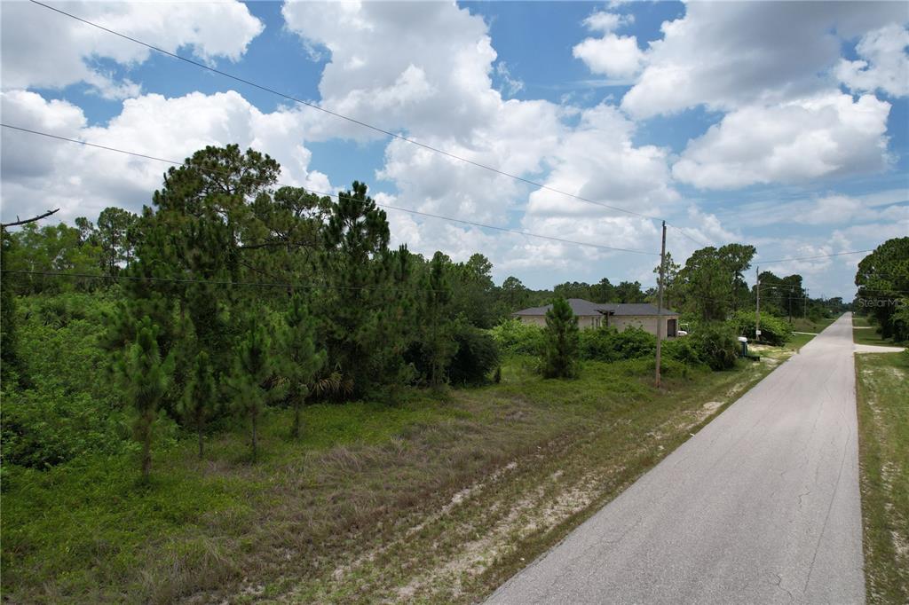 A paved road runs alongside a vacant, wooded lot under a cloudy blue sky — 980 LAKESIDE DRIVE, LEHIGH ACRES, FL