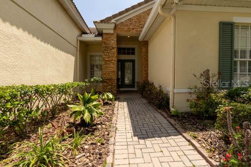 A paved walkway leads to the front entrance of a house with stone-accented exterior walls — 65 CALLIOPE STREET, OCOEE, FL